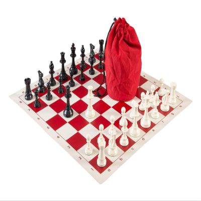 Drawstring Chess Set Combination - Solid Plastic Pieces | Vinyl Chess Board | Drawstring Bag (Red)