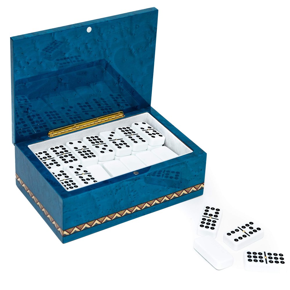 Bello Collezioni - Piazza Dei Miracoli Luxury Double Nine Professional Jumbo Size Tournament Dominoes Set from Italy in a Blue Briarwood Case