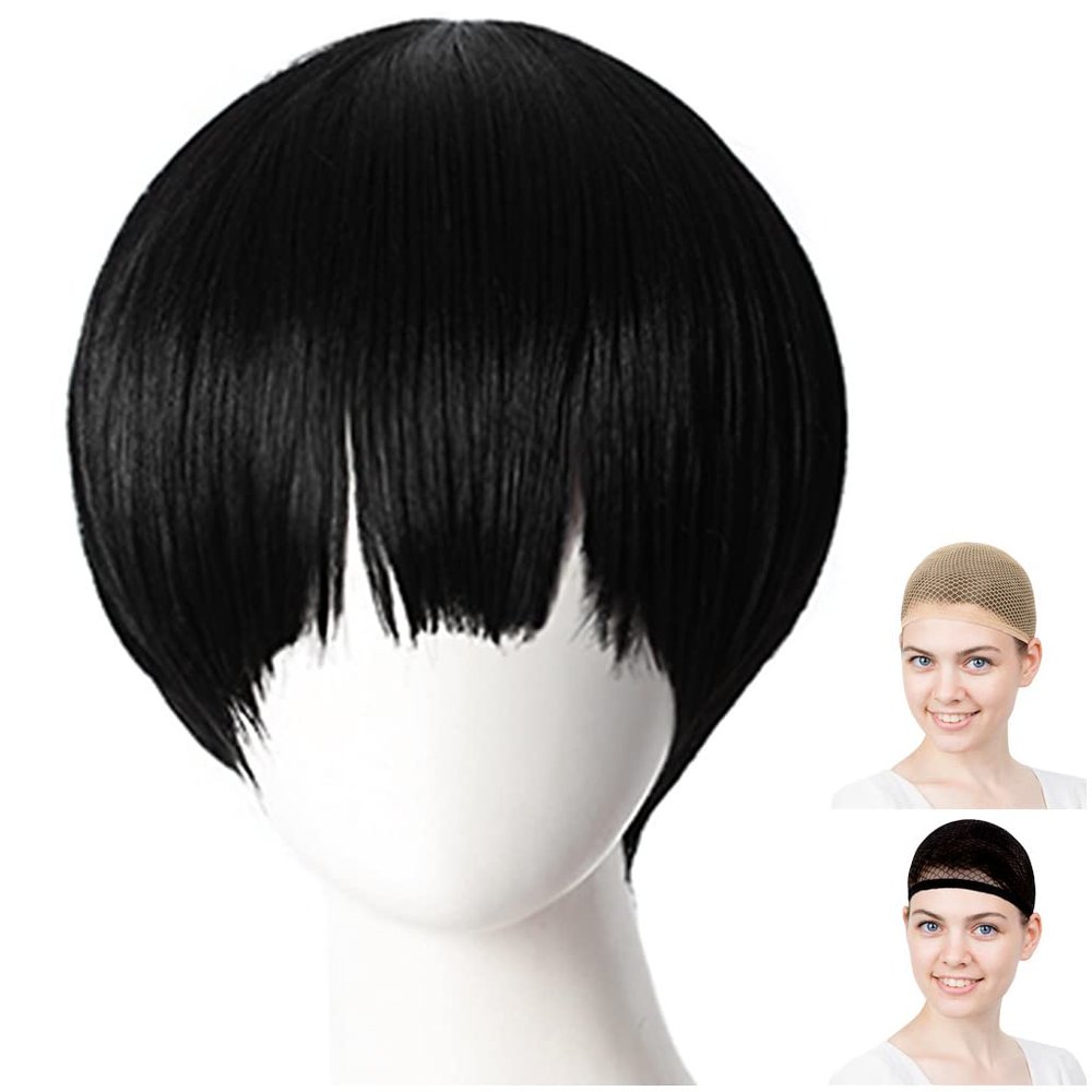 CaseEden Cosplay Wig, Terrestrial Shonen Hanako-kun, Short, Black, Black Hair, White Melce Wig Net, Set of 2