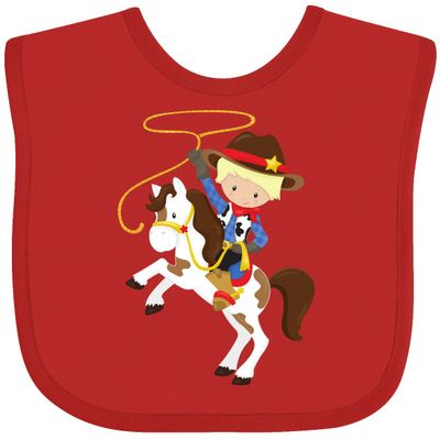 inktastic Cowboy, Sheriff, Horse, Lasso, Western, Blond Hair Baby Bib Red 39e2e