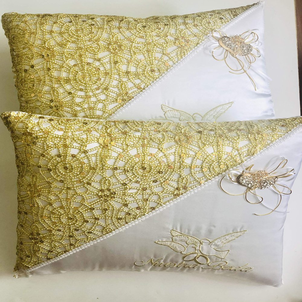 Nuestra Boda set de dos cojines con corazones Dorados y piedritas