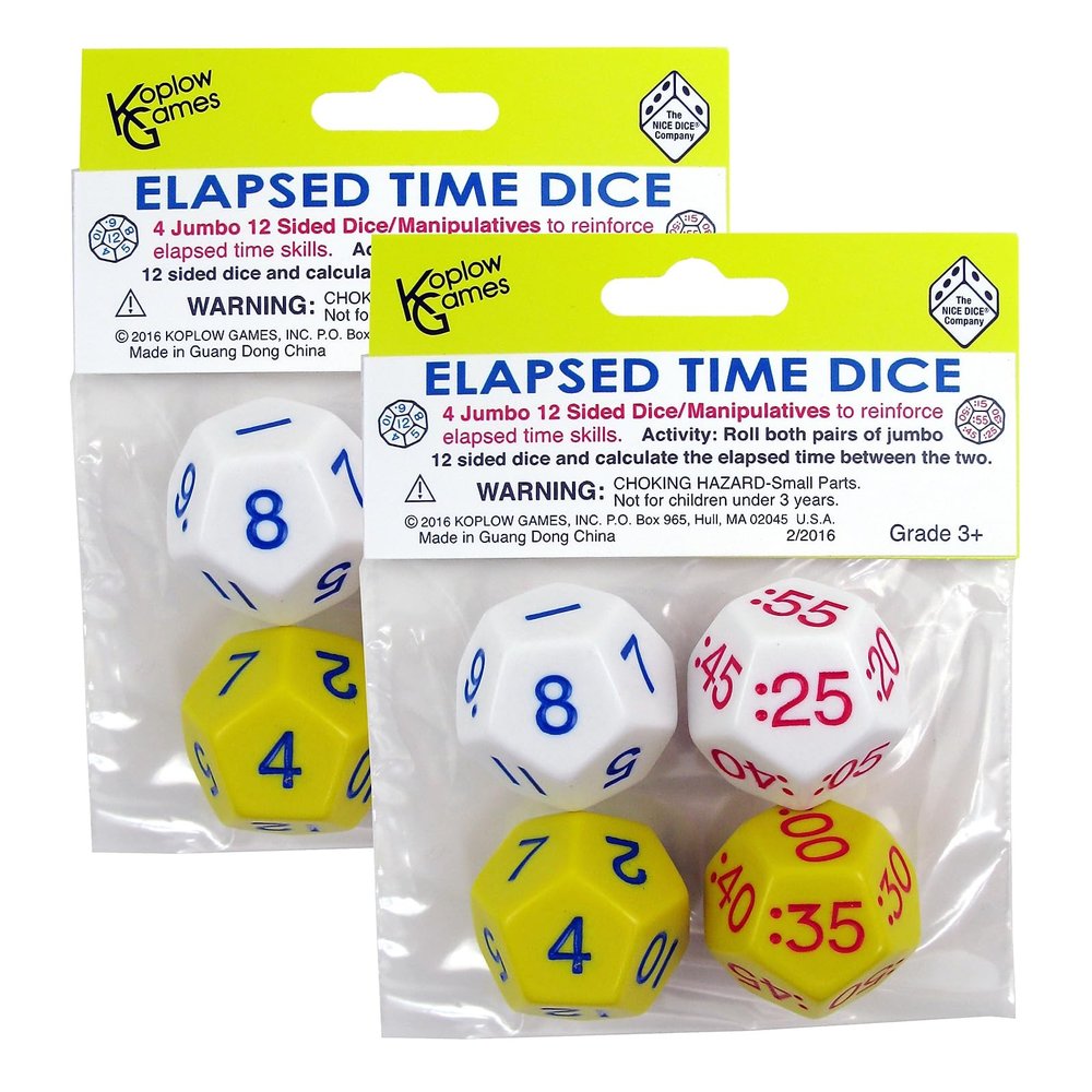 Koplow Elapsed Time Dice, Assorted Colors, 2 Pairs/Pack, 2 Packs (KOP18848-2)