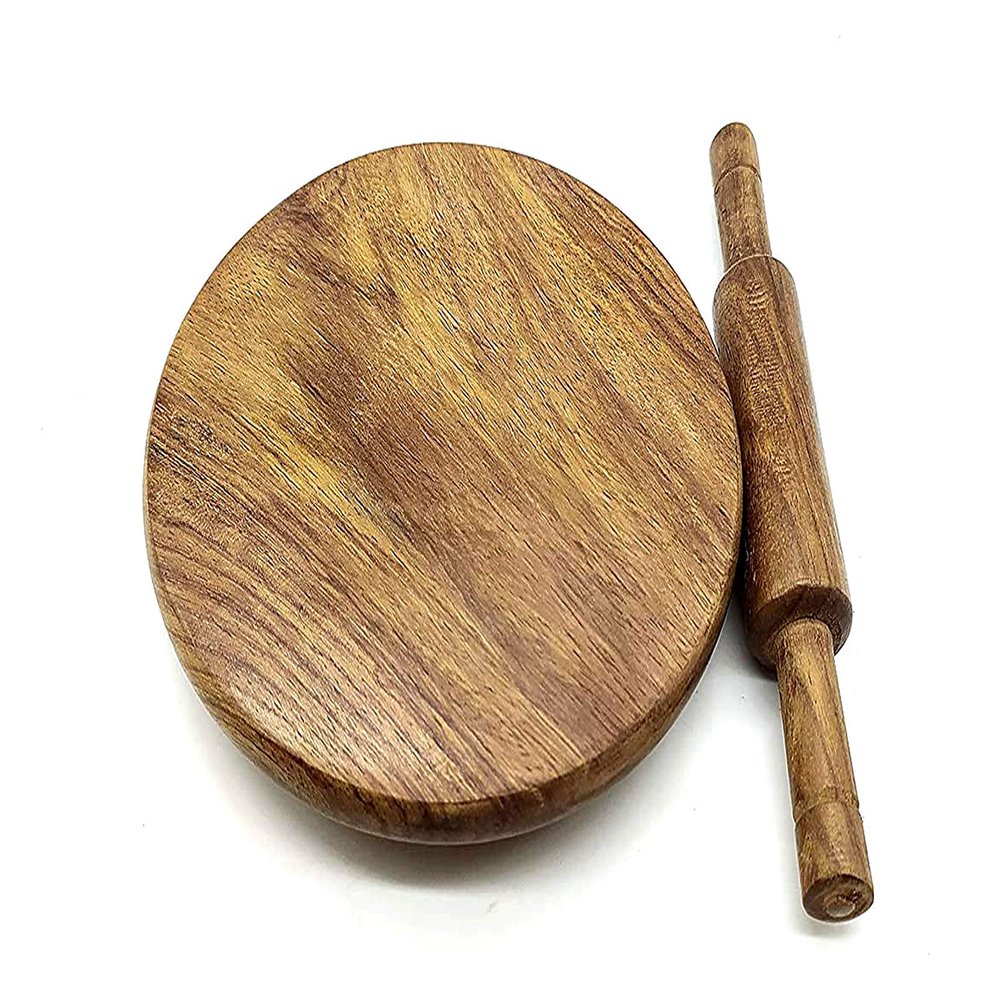 Crafts CollecTion Store Kids Baby Miniature Handmade Wooden Chakla Belan Set with Rolling Pin and Board Only for Kids Use (Brown)