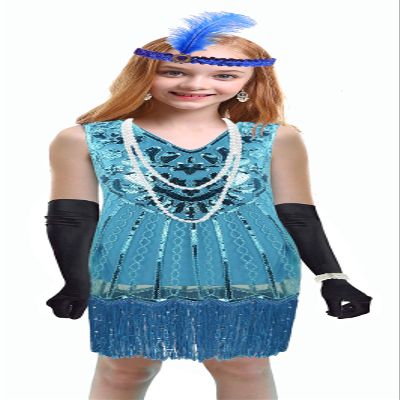 1920's Sequins Flapper Dress Children's Day Gift Party Halloween Costumes for Girls Accessories Set (Small, Style 4 Baby Blue)