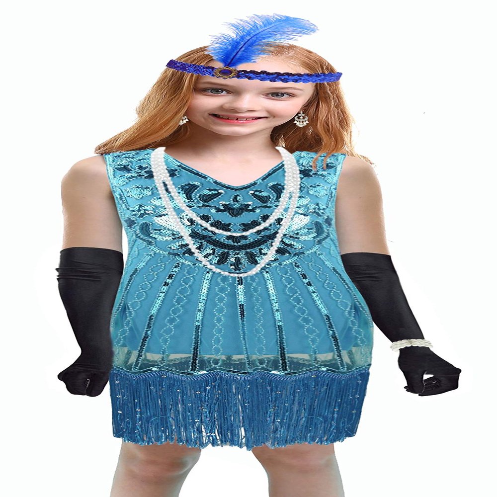 1920's Sequins Flapper Dress Children's Day Gift Party Halloween Costumes for Girls Accessories Set (Small, Style 4 Baby Blue)