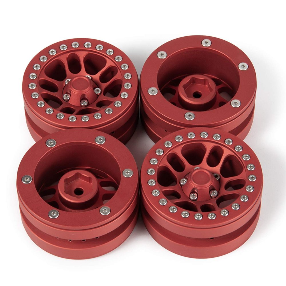 4Pcs 1.9 Inch Aluminum Metal Beadlock Wheel Rims for 1/10 RC Axial SCX10 CC01 (Red)