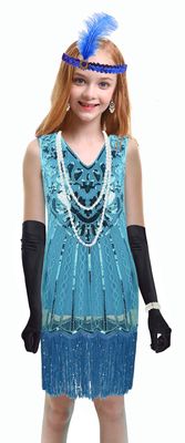 1920's Sequins Flapper Dress Children's Day Gift Party Halloween Costumes for Girls Accessories Set (Medium, Style 4 Baby Blue)
