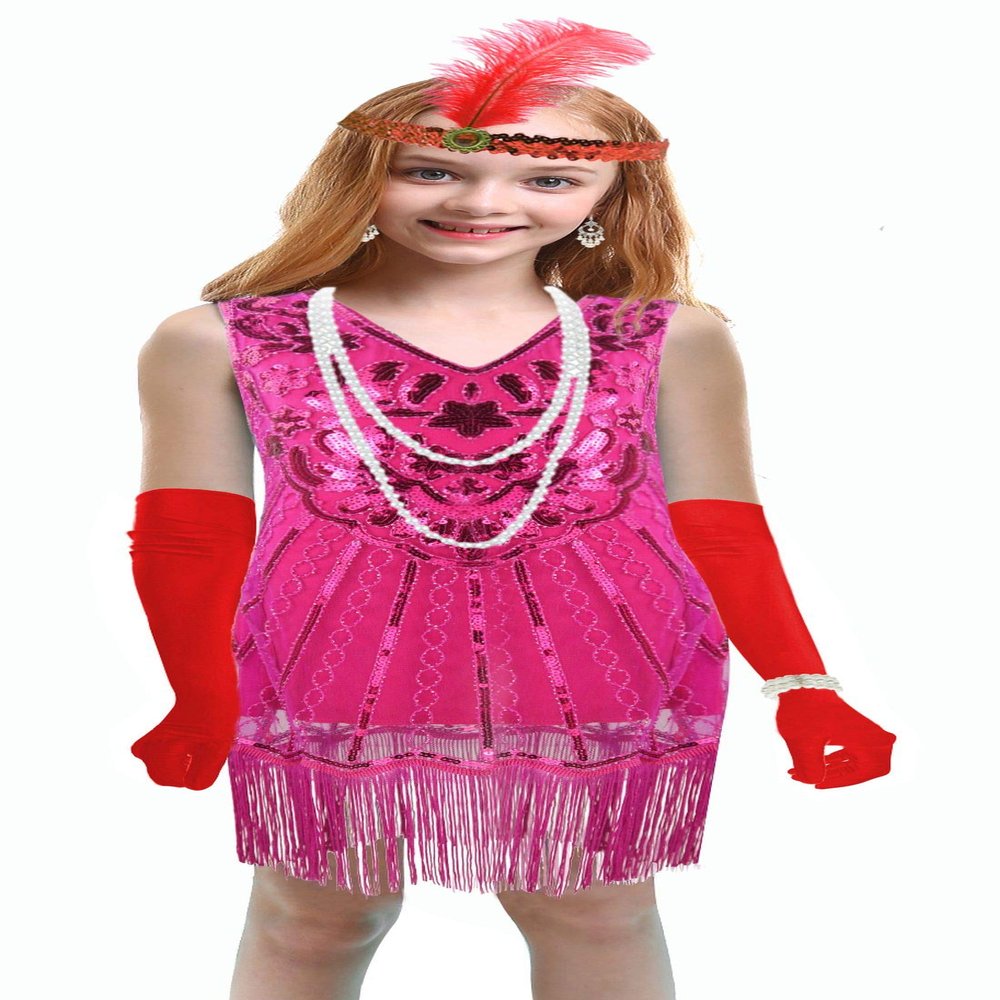1920's Sequins Flapper Dress Children's Day Gift Party Halloween Costumes for Girls Accessories Set (X-Large, Style 4 Hot Pink)