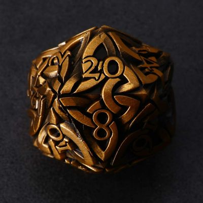 Endless Order Dice (Antique Gold) D20 Dice with Celtic Knots Solid Metal Extra Large Extra Heavy for DND DnD5e TTRPG Tabletop RPG Polyhedral Dice Artificer Monk Dice Mage Dice Paladin Dice