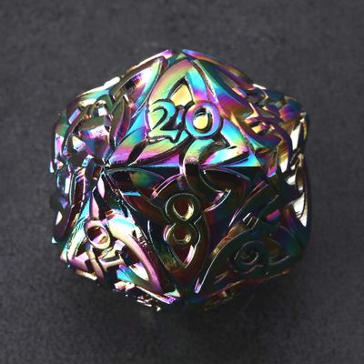 KakapopoTCG Endless Chaos Rainbow D20 Dice with Celtic Knots - Solid Metal, Extra Large, Extra Heavy - Perfect for DND, DnD5e, TTRPG, RPG, Polyhedral, Bard, Sorcerer, Wizard Dice