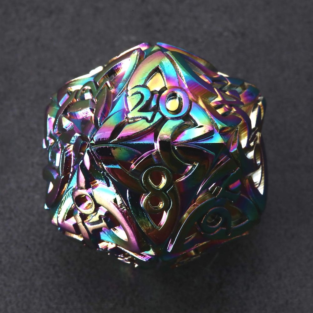KakapopoTCG Endless Chaos Rainbow D20 Dice with Celtic Knots - Solid Metal, Extra Large, Extra Heavy - Perfect for DND, DnD5e, TTRPG, RPG, Polyhedral, Bard, Sorcerer, Wizard Dice