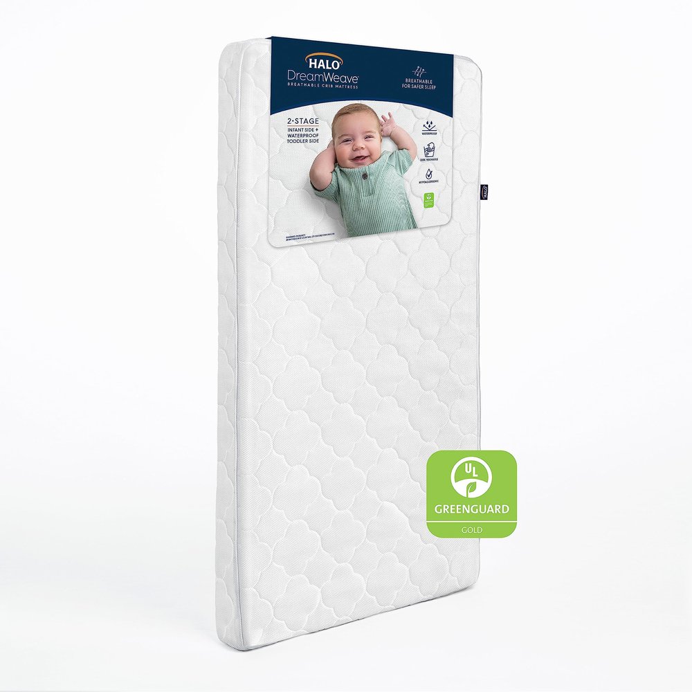 HALO DreamWeave Crib & Toddler Mattress - 100% Breathable Mattress and Core, Dual Sided 2-Stage Design, Machine Washable Cover, Hypoallergenic, Open Strand Polymer Core, Greenguard Cert.