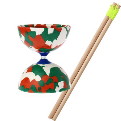 (Naranja) Diabolo Jester Marble Small Fixed Shaft Hand Stick Set Red/White/Green