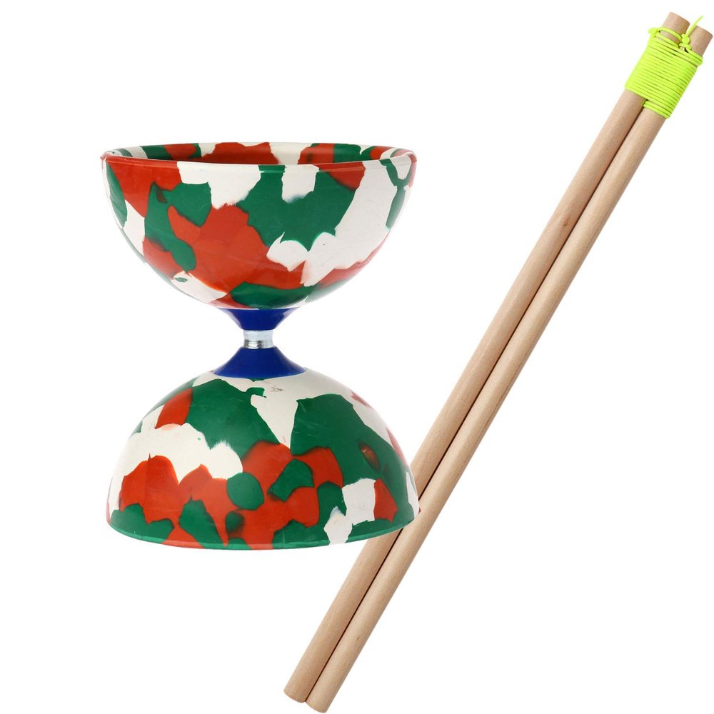 (Naranja) Diabolo Jester Marble Small Fixed Shaft Hand Stick Set Red/White/Green