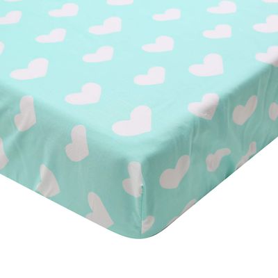 1 PC Heart Pattern Crib Fitted Sheet Cotton Blue Fitted Sheet with White Heart Pattern for Standard Nursery Crib Toddler Bed