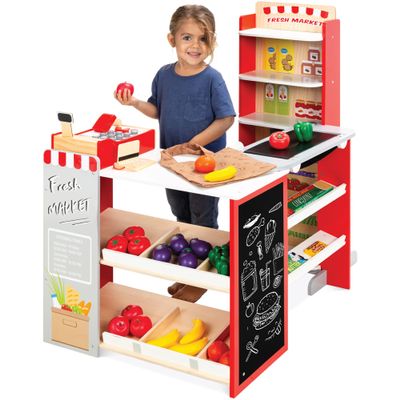 Best Choice Products Pretend Play Grocery Store Wooden Supermarket Toy Set for Kids w/Play Food, Chalkboard, Cash Register, Working Conveyor - Red