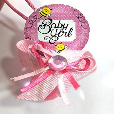 12 Honey Bee Design Blue Pink Boy Girl Acrylic Pacifier Ribbon Necklaces Baby Shower Game Favors Prize Decorations (Pink)