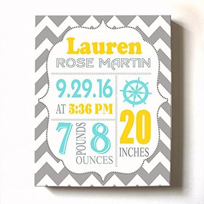 Personalized Stretched Canvas Birth Announcement Gift, Custom Baby Name, Date, Weight Stats, Newborn Nautical Nursery Wall Art Decor, Wooden Frame Construction, Ready to Hang 11X14