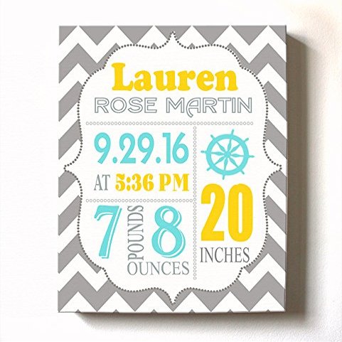 Personalized Stretched Canvas Birth Announcement Gift, Custom Baby Name, Date, Weight Stats, Newborn Nautical Nursery Wall Art Decor, Wooden Frame Construction, Ready to Hang 11X14