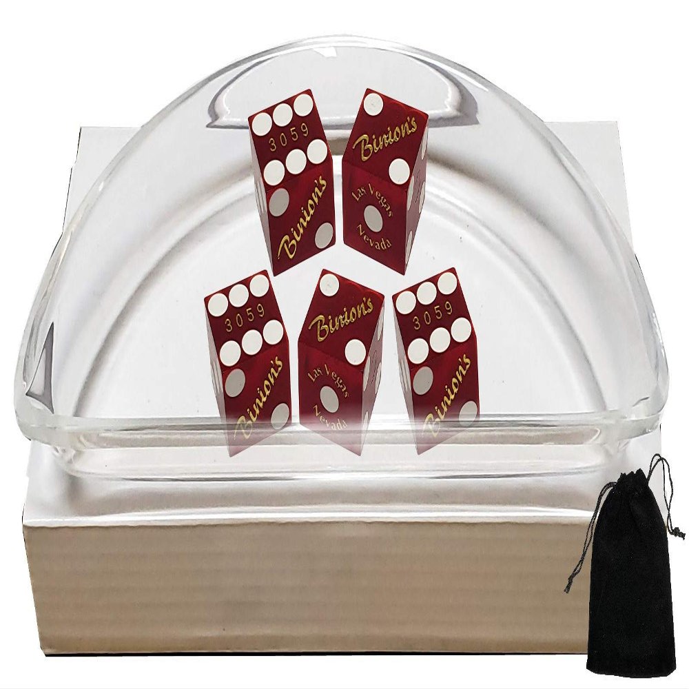 Craps Dice Kit - Authentic Las Vegas Casino 19mm Craps Dice (Set of 5), Acrylic Dice Boat, Dice Storage Pouch (Binion's (Red Frosted))