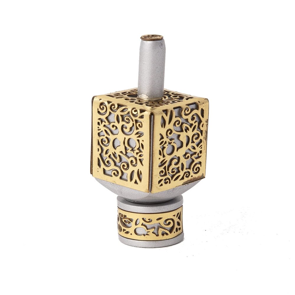 Yair Emanuel Decorative Dreidel with Stand | Pomegranates Cutout Design | Hanukkah Gift Jewish Decorations (Brass, Small)