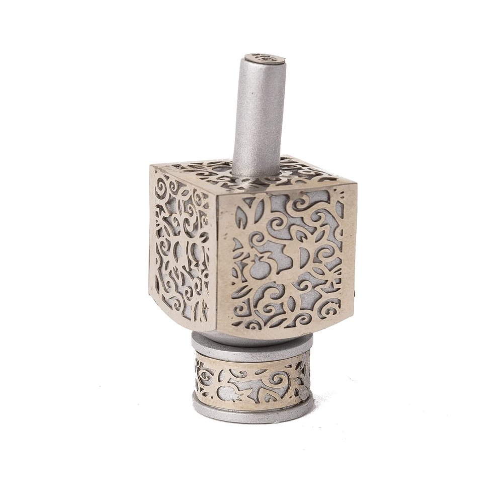 Yair Emanuel Decorative Dreidel with Stand | Pomegranates Cutout Design | Hanukkah Gift Jewish Decorations (Silver, Small)