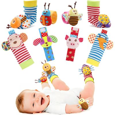 Bloobloomax Soft Baby Rattle Wrist Rattle Foot Finder Socks Set,Cotton and Plush Stuffed Infant Toys,Birthday Holiday Birth Present Gift for Newborn Boy Girl Kids Toddler (8pcs-B Set)