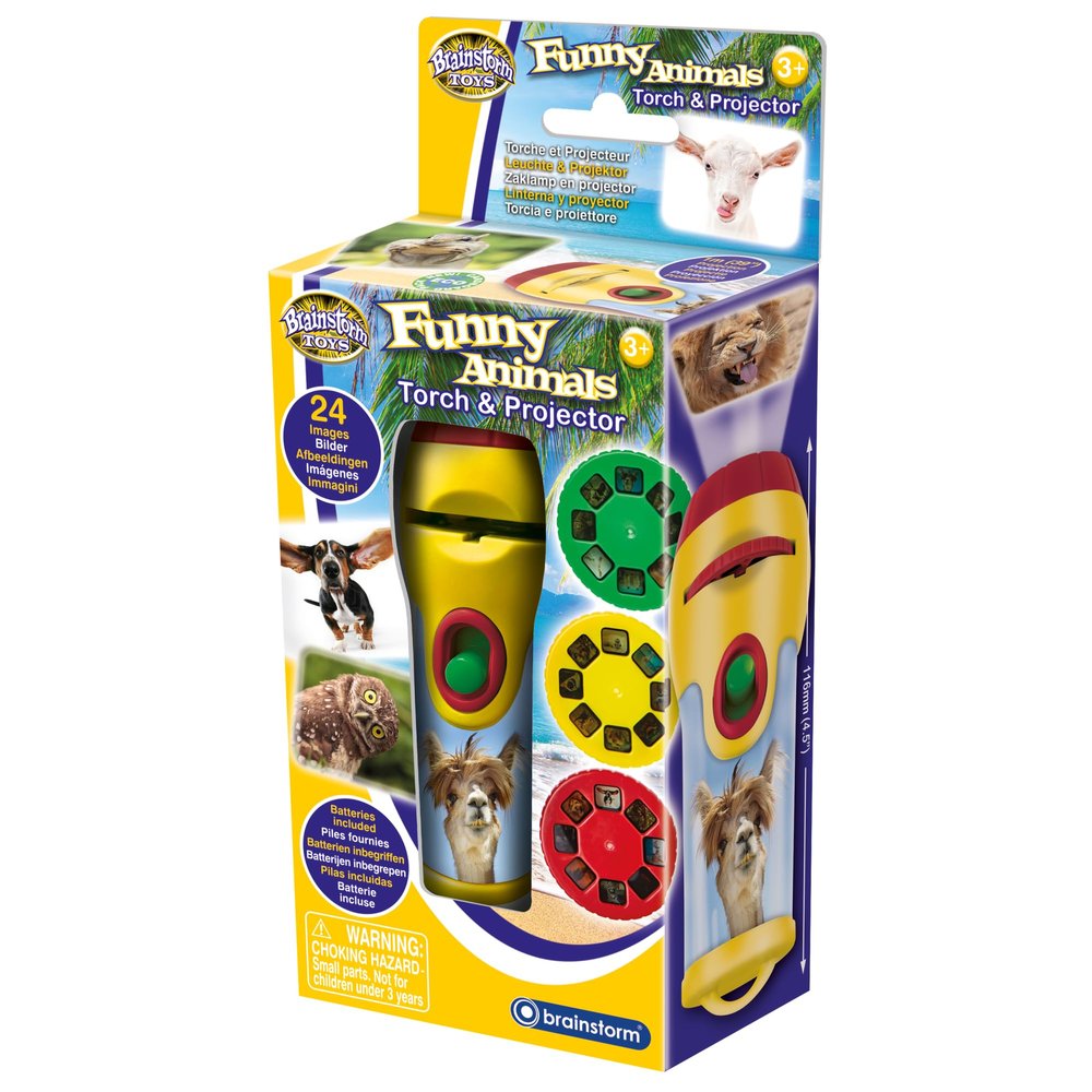 Brainstorm Toys Stem Funny Animals Torch and Projector  24 Adorable Animal Images, Projects Clear Pictures Up to 1m Wide, Interactive Educational Kids Flashlight Toy