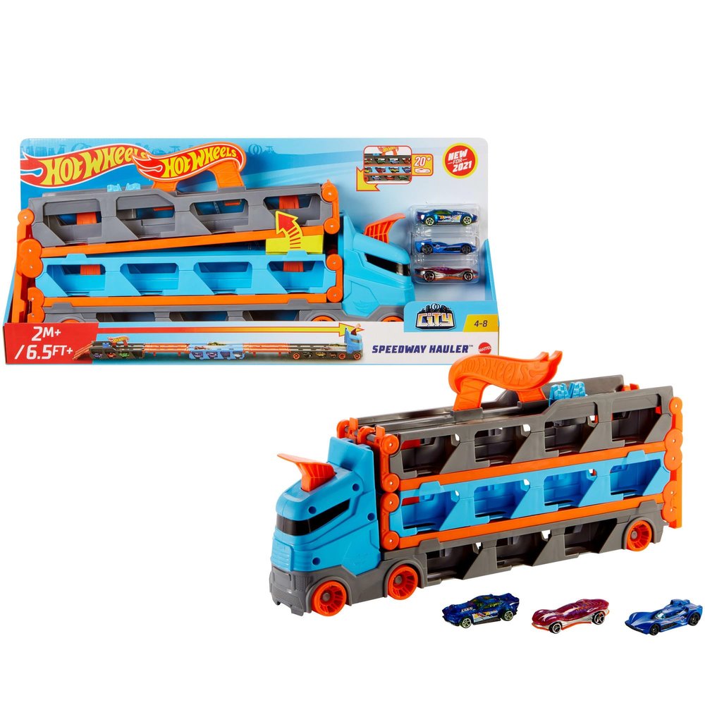 Hot Wheels Speedway Hauler Storage Carrier with 3 1:64 Scale Cars & Convertible 6-Foot Drag Race Track for Kids 4 to 8 Years Old, Stores 20+ Cars & Connects to Other Hot Wheels City Sets, GVG37
