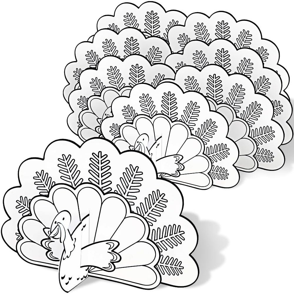 Color Your Own 3D Turkey Decoration Set - 7.50" x 12.75" (8-Pack) - Customizable Paper Craft Kit for Kids & Families