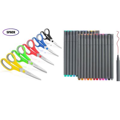 Taotree 8" Multipurpose Scissors Bulk Set of 5-Pack & 24 Fineliner Color Pens Set, for Office Home General Use, High/Middle School Classroom Class Teacher Student Older Kids Scissors Supplies