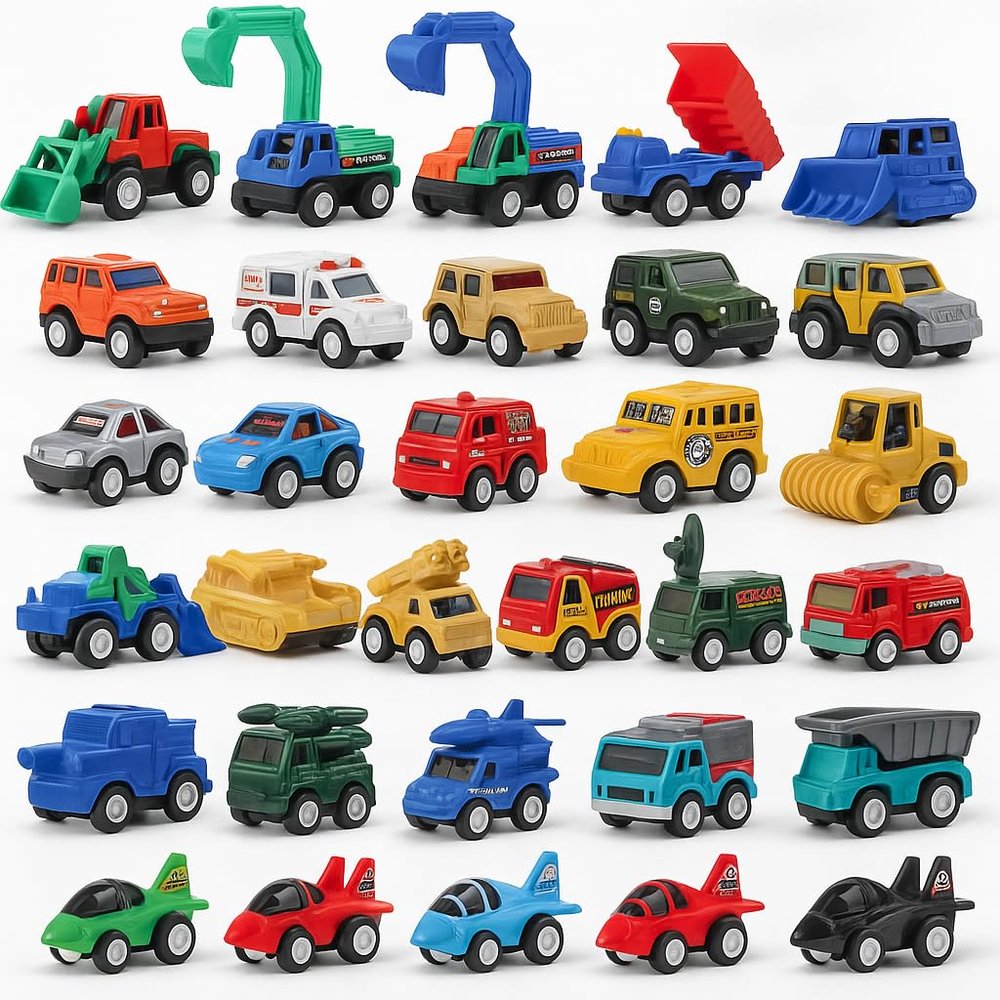 36 Pieces Pull Back Cars and Trucks Toy Set Mini Pocket Vehicles, Fighter Jets, Construction, Race Cars & Military Toys Bulk Party Favors, Stocking Stuffers (Assorted)