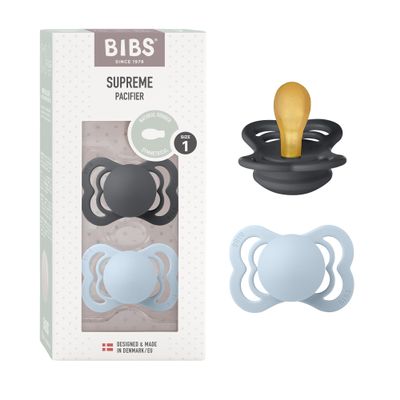 BIBS Pacifiers - Supreme Collection | BPA-Free Baby Pacifier | Made in Denmark | Set of 2 Iron/Baby Blue Color Premium Soothers | Size 0-6 Months