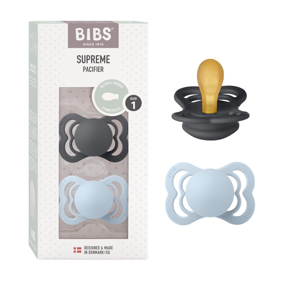 BIBS Pacifiers - Supreme Collection | BPA-Free Baby Pacifier | Made in Denmark | Set of 2 Iron/Baby Blue Color Premium Soothers | Size 0-6 Months