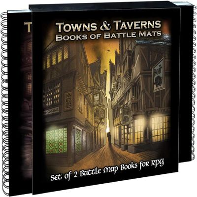 Towns and Taverns Books of Battle Mats by Loke | Modular Fantasy RPG Map Book Set with Lay-Flat Wipe-Clean Pages | Dual Slipcase for DND Pathfinder and Tabletop RPGs | Reusable Surfaces