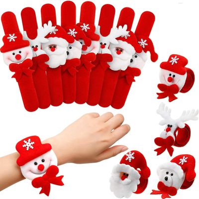 12 PCS Christmas Slap Bracelets, Christmas Snap Hand Ring Bands Toys, Santa Claus Snowman Reindeer Ice Bear Patterns Decorative Wristband Bracelet, Kids Christmas Party Fillers Favours (Non-Sequined)