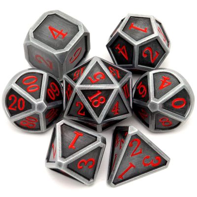 Haxtec Ancient Silver Metal DND Dice Set D&D 7PCS Large Rounded Antiue Iron RPG Dice Red Numbers for Dungeons and Dragons TTRPG Game Gifts',Standard size