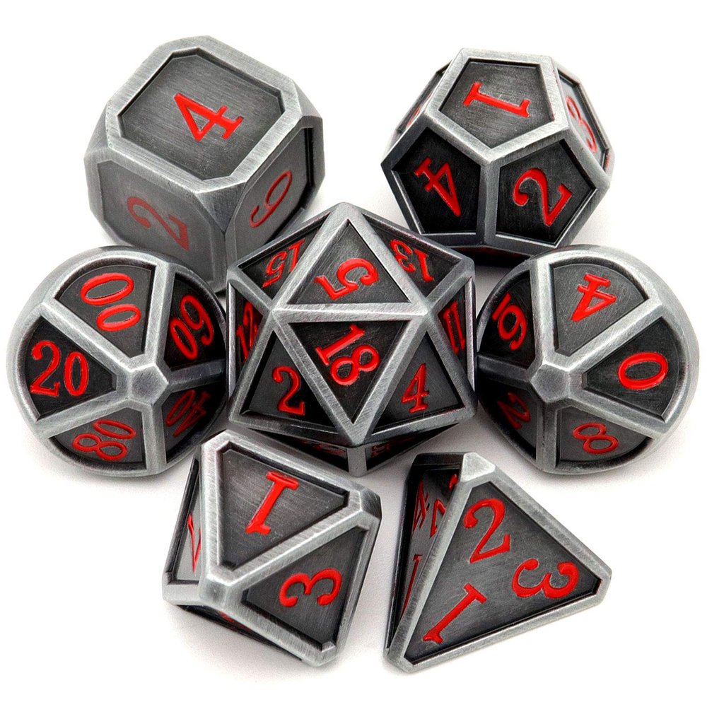 Haxtec Ancient Silver Metal DND Dice Set D&D 7PCS Large Rounded Antiue Iron RPG Dice Red Numbers for Dungeons and Dragons TTRPG Game Gifts',Standard size