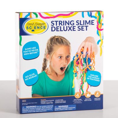 Steve Spangler Science String Slime Deluxe Kit, Includes Pink, Blue, Yellow & Clear (3.4 oz. Each) DIY Slime Science Experiment Kit for Kids, Learn/Teach Science of Polymers, Exciting STEM Activity