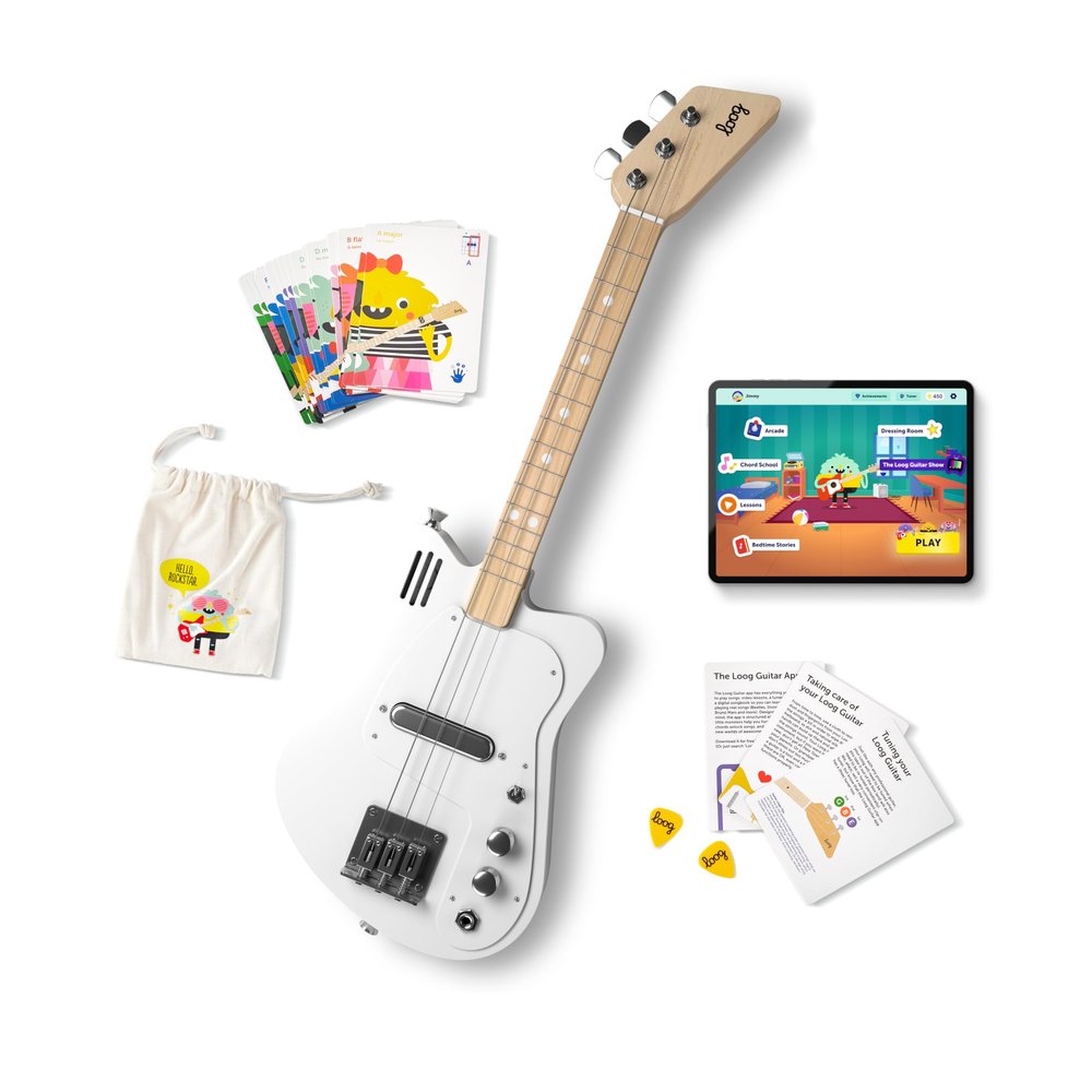Loog Mini Electric kids Guitar for Beginners built-in Amp Ages 3+ Learning App and Lessons Included White