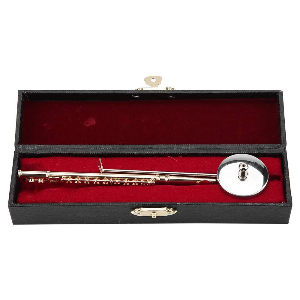14cm Copper Mini Flute with Stand and Case,Gold Plated Miniature Musical Instrument Ornament Replica Dollhouse Model for Desk Shelf Home Decor Idea Gift