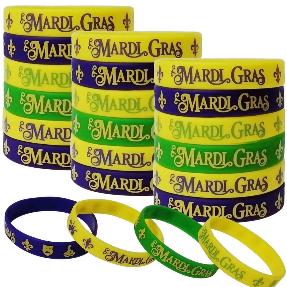 CupaPlay 60PCS Mardi Gras Party Favors Rubber Wristbands - Carnival Birthday Party Supplies Decorations Goodie Bag Stuffers Fillers Silicone Wristband