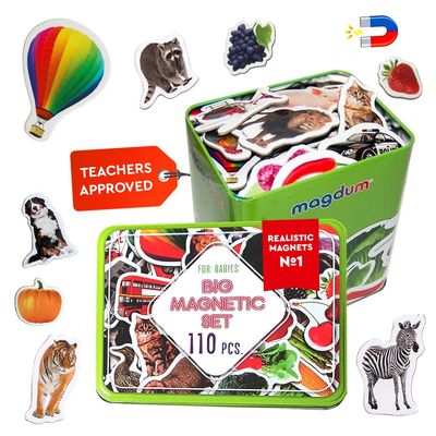 110 Fridge Magnet for Toddlers in Gift Tin Box Kids Magnets for Fridge - Realistic Magnetic Animals for Refrigerator - Safe Educational Materials for Baby: Zoo, Farm, Fruits, Vegetables, Transport