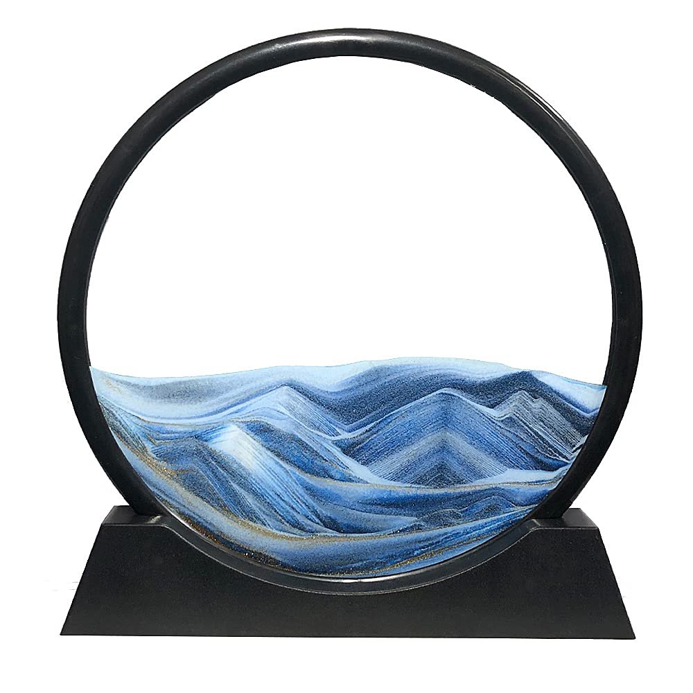 Aoderun Moving Sand Art Picture Round Glass 3D Deep Sea Sandscape in Motion Display Flowing Sand Frame Relaxing Desktop Home Office Work Decor (12", Blue)