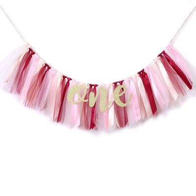 Tutu One Banner for 1st Birthday - Highchair Banner for First Birthday Decoration, Cake Smash Photo Prop, Tulle Garland (Pink)