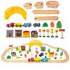 60Pcs Train Set for 3 Year Old Boys, Double-Side Wooden Train Set Tracks for Toddlers, Fits Brio, Thomas, Melissa and Doug, Kids Wood Train Toys for 3 4 5 Year Old Boys and Girls (Yellow) view 1