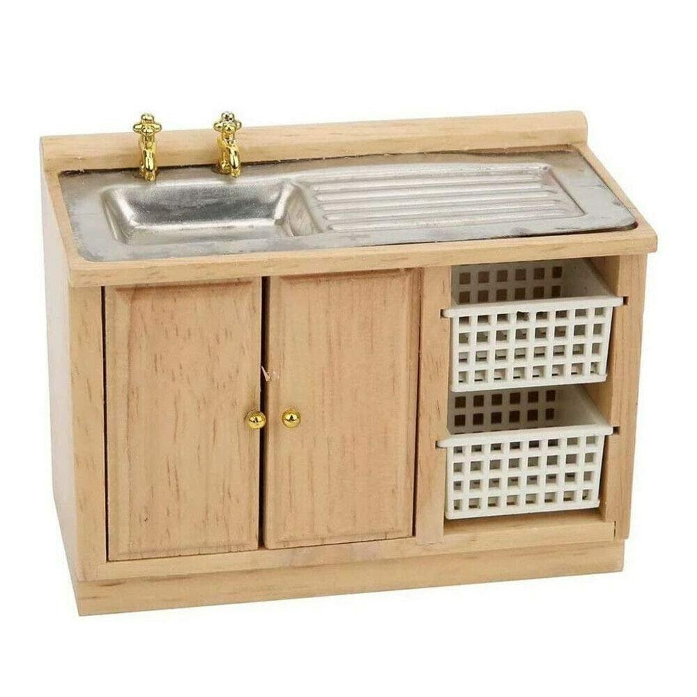 EatingBiting 1:12 Dollhouse Miniature Furniture Bathroom Kitchen Sink with Cabinet Basin Set Dolls House Light Oak Sink Unit w Towel Rail Miniature Wooden Kitchen Furniture