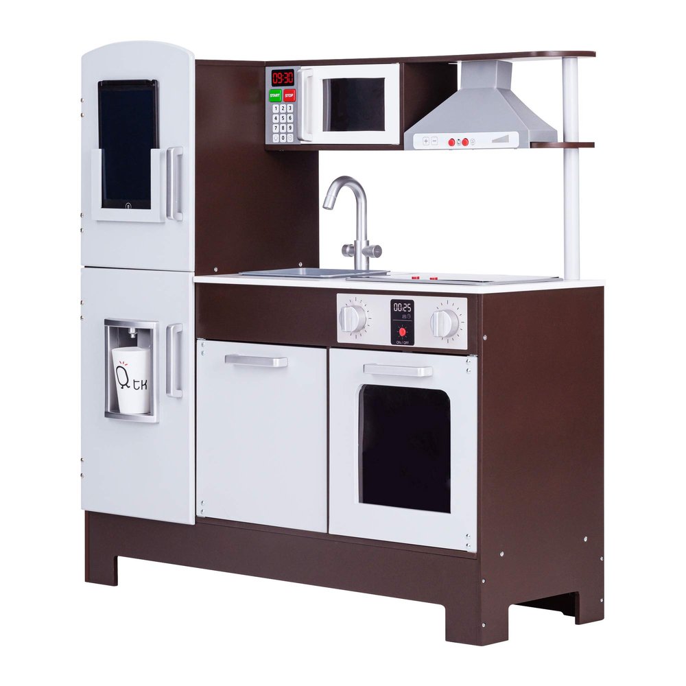 Teamson Kids Little Chef Play Kitchen Munich Classic Kids Kitchen Playset with Electric Writing Board, Espresso/Gray
