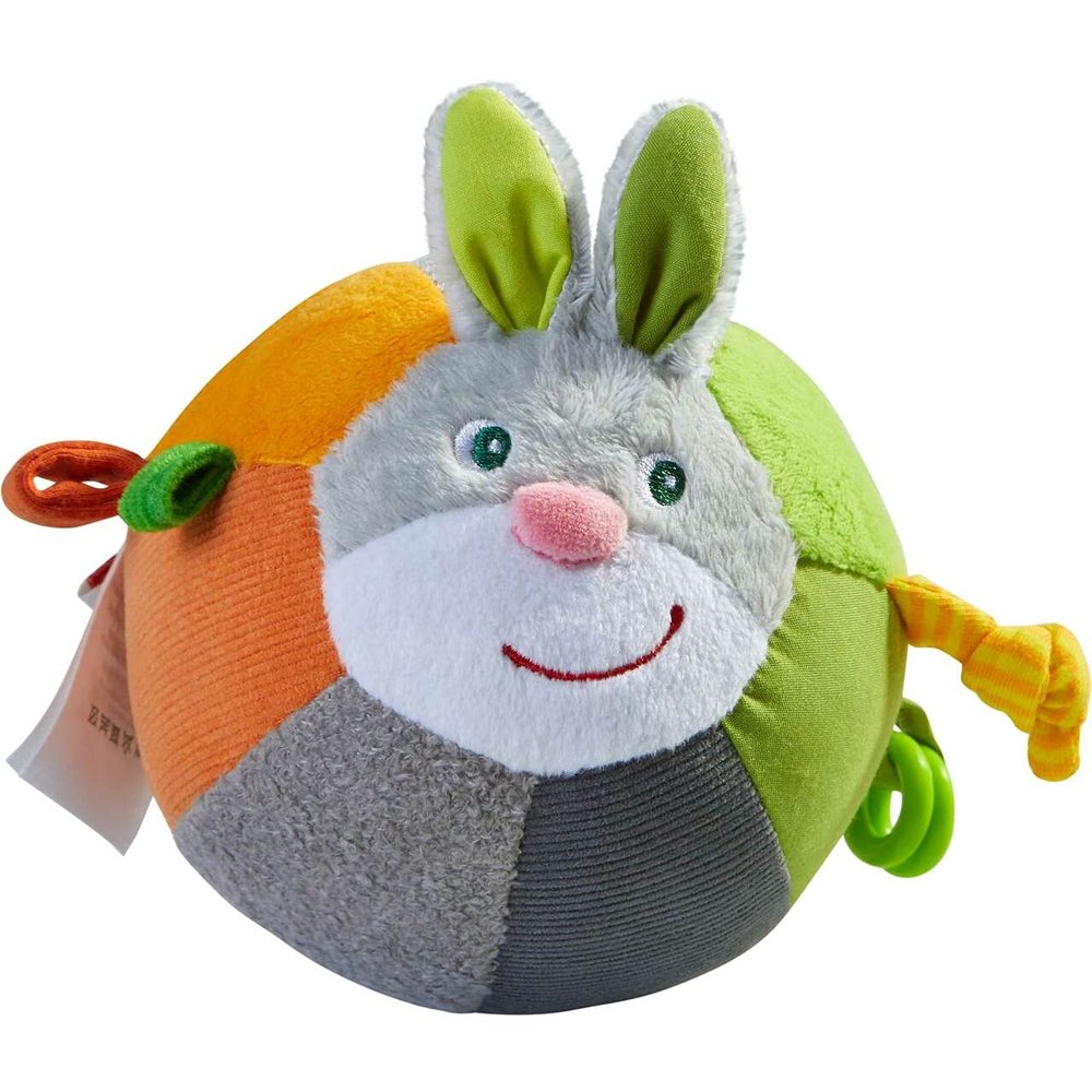 HABA Bunny Baby Ball Toy with Crinkle Ears and Rattle Rings - Tummy Time Toy for Fine Motor Skills and Sensory Development for 6 Months +