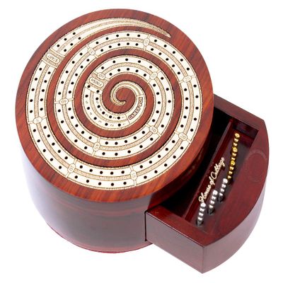 House of Cribbage - Spiral Shape 2 Track Non-Continuous Cribbage Board - Push Drawer Storage for Pegs and 1 Deck of Cards with Score Marking Fields for Won Games (Bloodwood/Maple Wood)